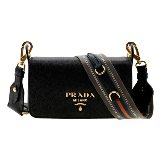 Prada Milano Black Small Leather Crossbody Bag Web Stripe Strap