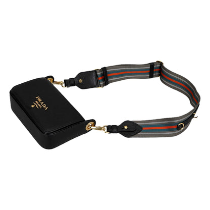 Prada Milano Black Small Leather Crossbody Bag Web Stripe Strap