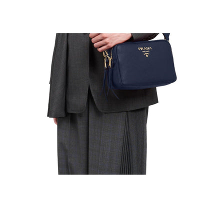 Prada Baltico Blue Vitello Phenix Leather Double Zip Crossbody Bag