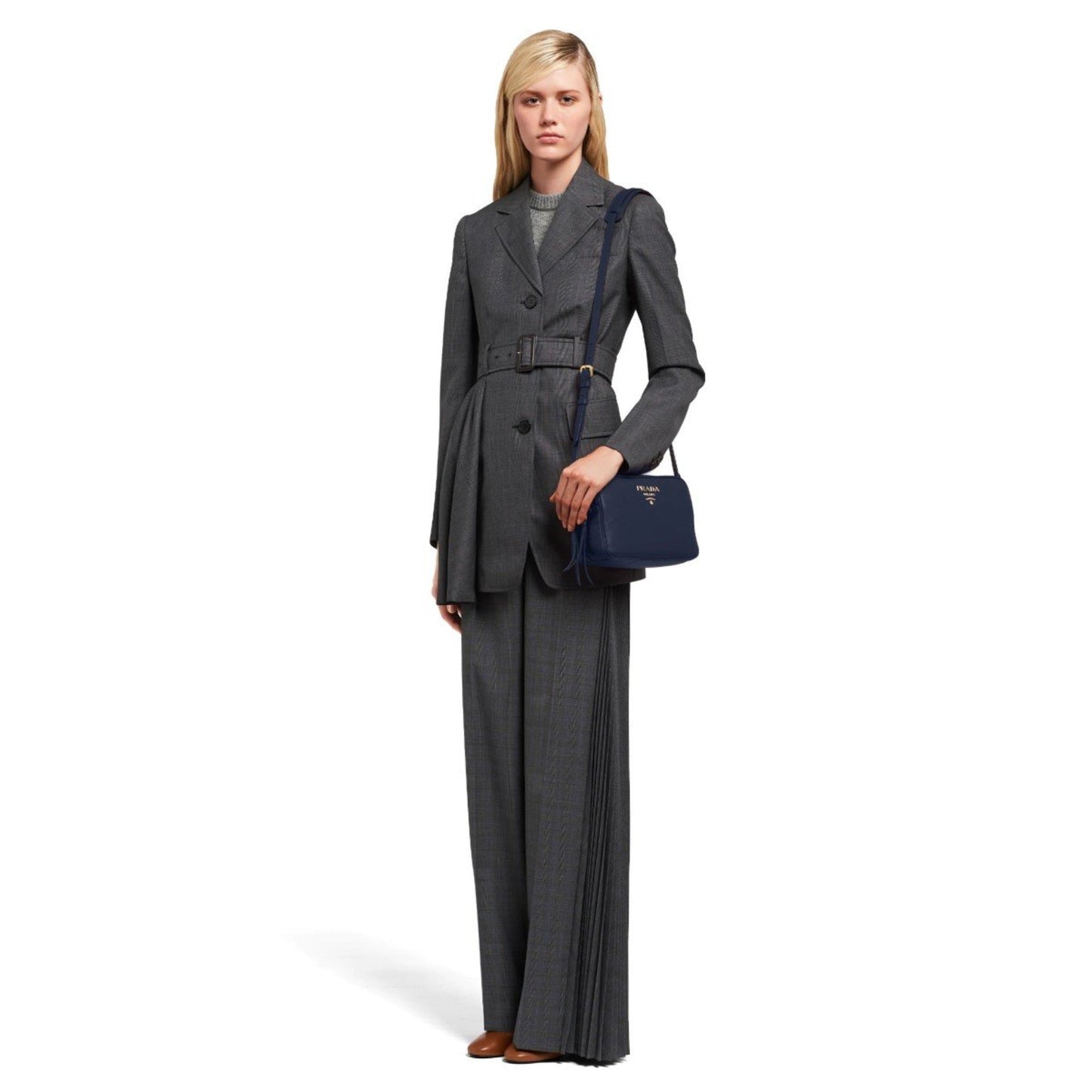 Prada Baltico Blue Vitello Phenix Leather Double Zip Crossbody Bag