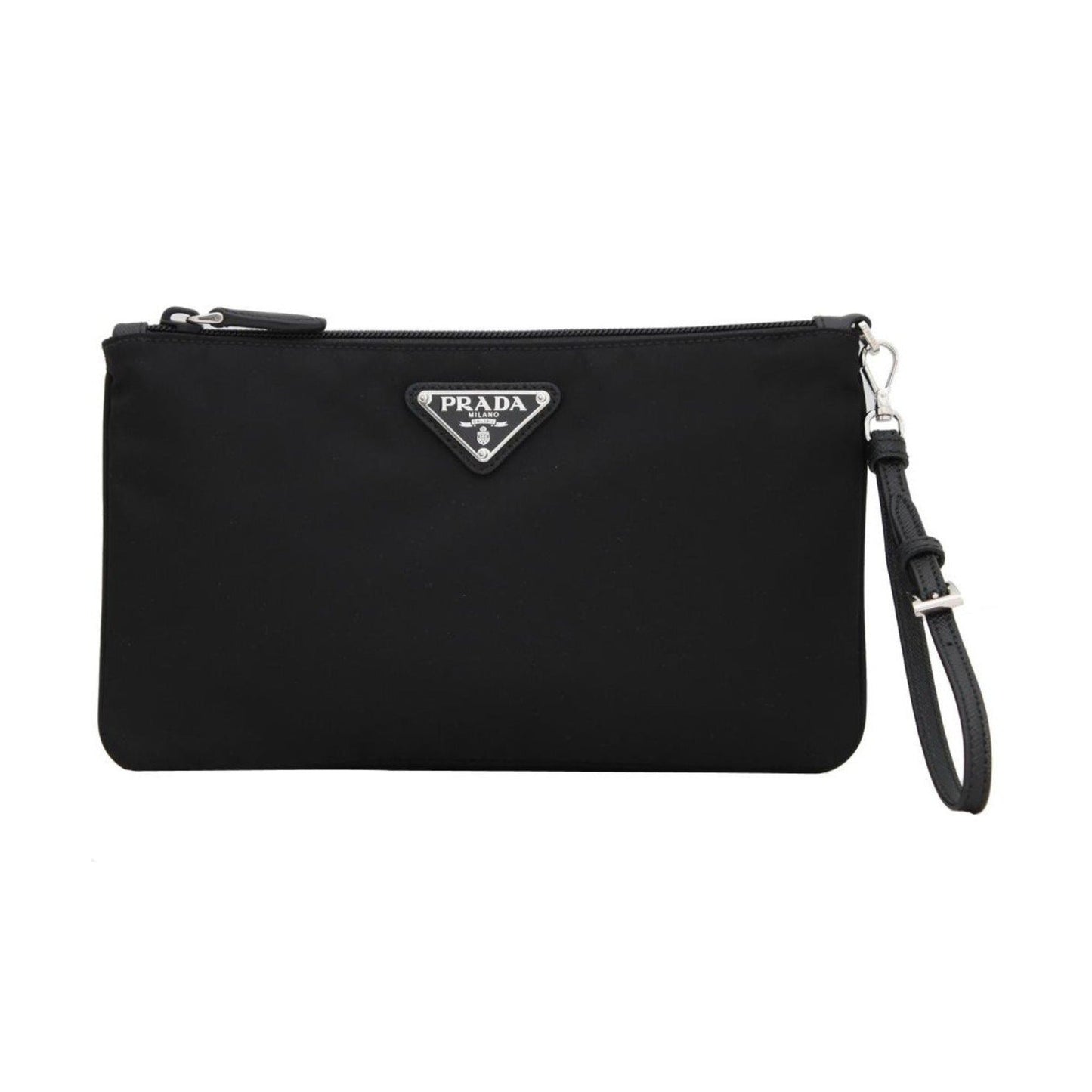 Prada Black Tessuto Nylon Pouch Prada Triangle Logo Wristlet Clutch Bag