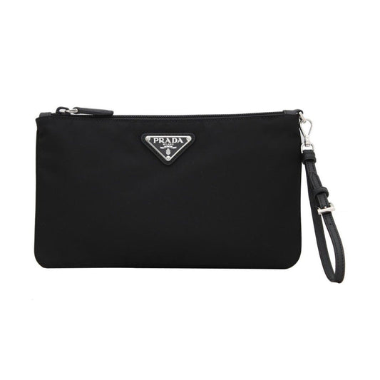Prada Black Tessuto Nylon Pouch Prada Triangle Logo Wristlet Clutch Bag