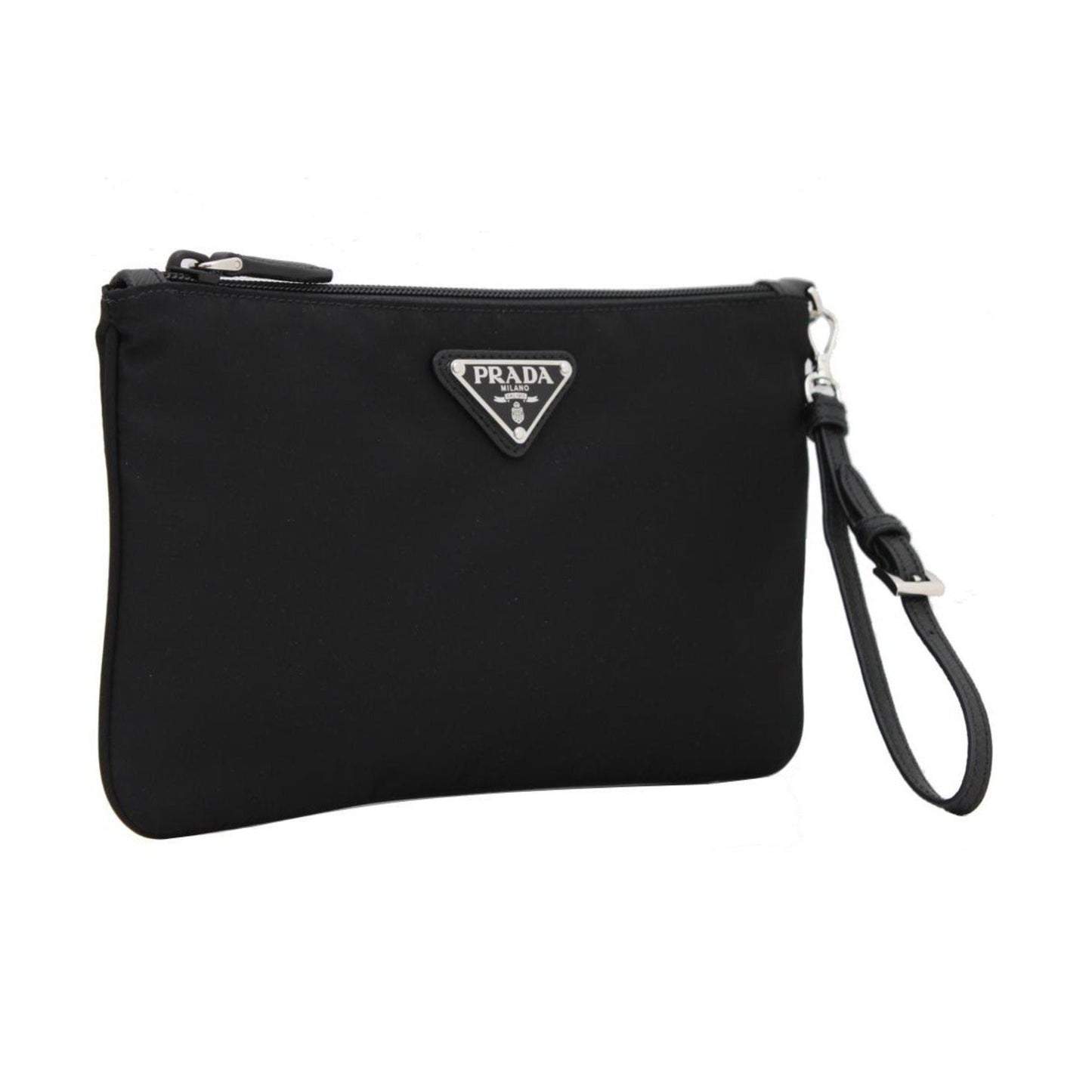 Prada Black Tessuto Nylon Pouch Prada Triangle Logo Wristlet Clutch Bag