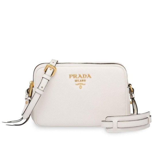 Prada Vitello Phenix White Leather Double Zip Camera Crossbody
