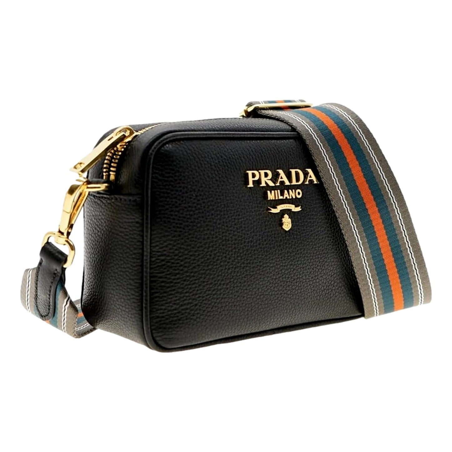 Prada Milano Vitello Phenix Nero Leather Crossbody Bag Web Stripe Strap