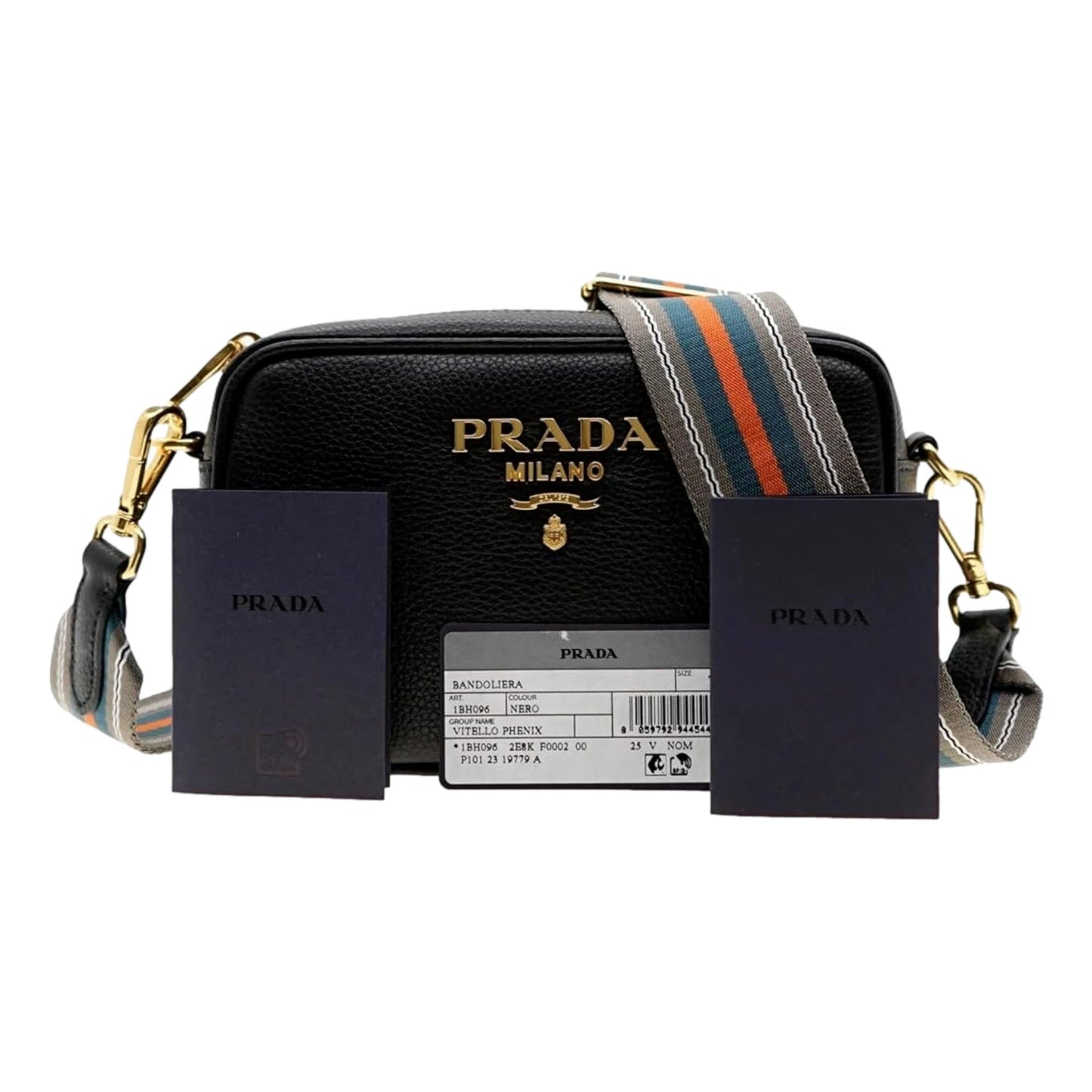 Prada Milano Vitello Phenix Nero Leather Crossbody Bag Web Stripe Strap