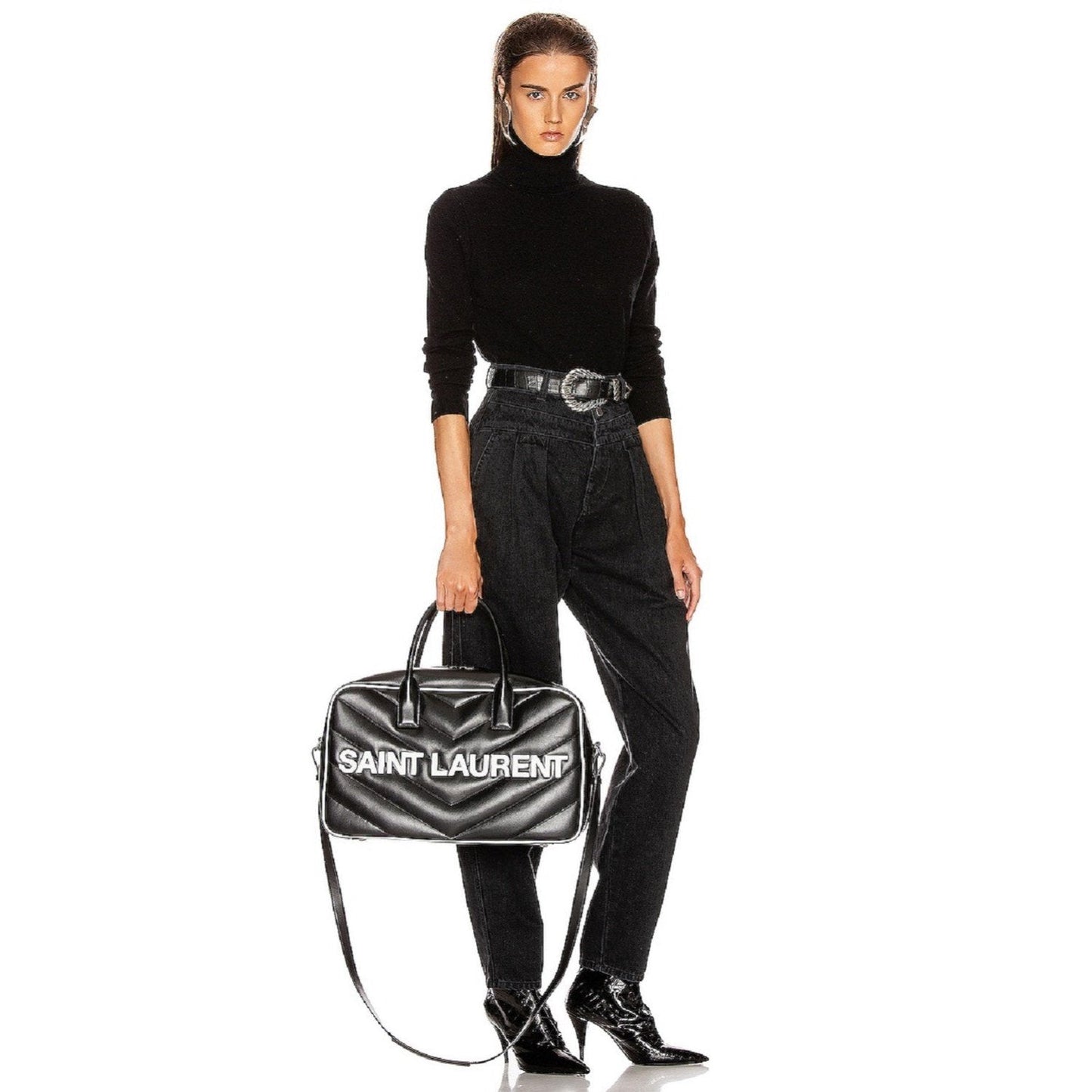 Saint Laurent Miles Logo Black Calf Leather Duffel Bowling Bag