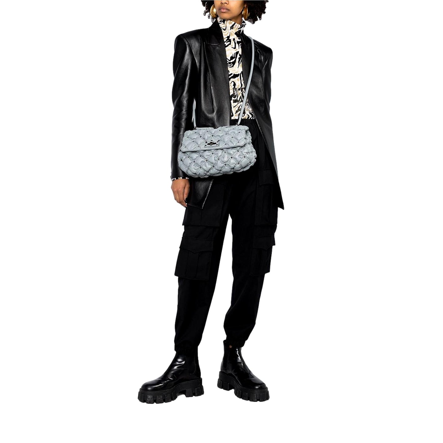 Valentino Garavani Spikeme Gray Studded Leather Medium Crossbody Bag