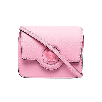 Versace La Medusa Logo Plaque Pink Pebbled Leather Crossbody Bag