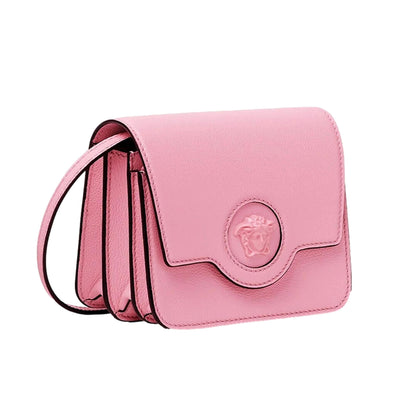 Versace La Medusa Logo Plaque Pink Pebbled Leather Crossbody Bag