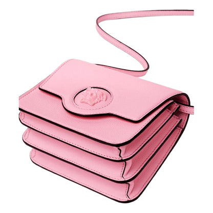 Versace La Medusa Logo Plaque Pink Pebbled Leather Crossbody Bag