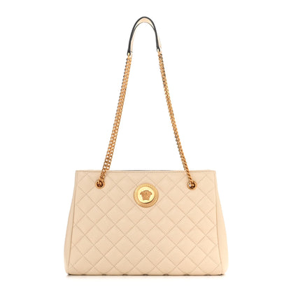 Versace La Medusa Nappa Quilted Beige Leather Large Tote Bag